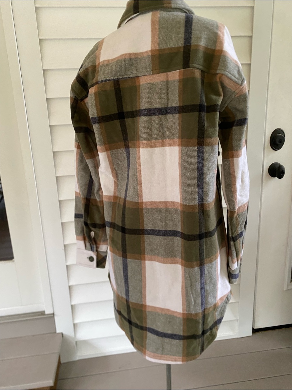 Plaid Longline Utility Jacket in Olive, White & Tan - Picture 2 of 4